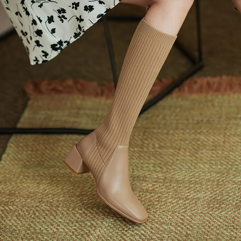 Women's Knee High Boots Luxury Knitted Leather Brown Black Block Heels Warm Classic Elastic Long Boot Winter Shoes Large Size 40