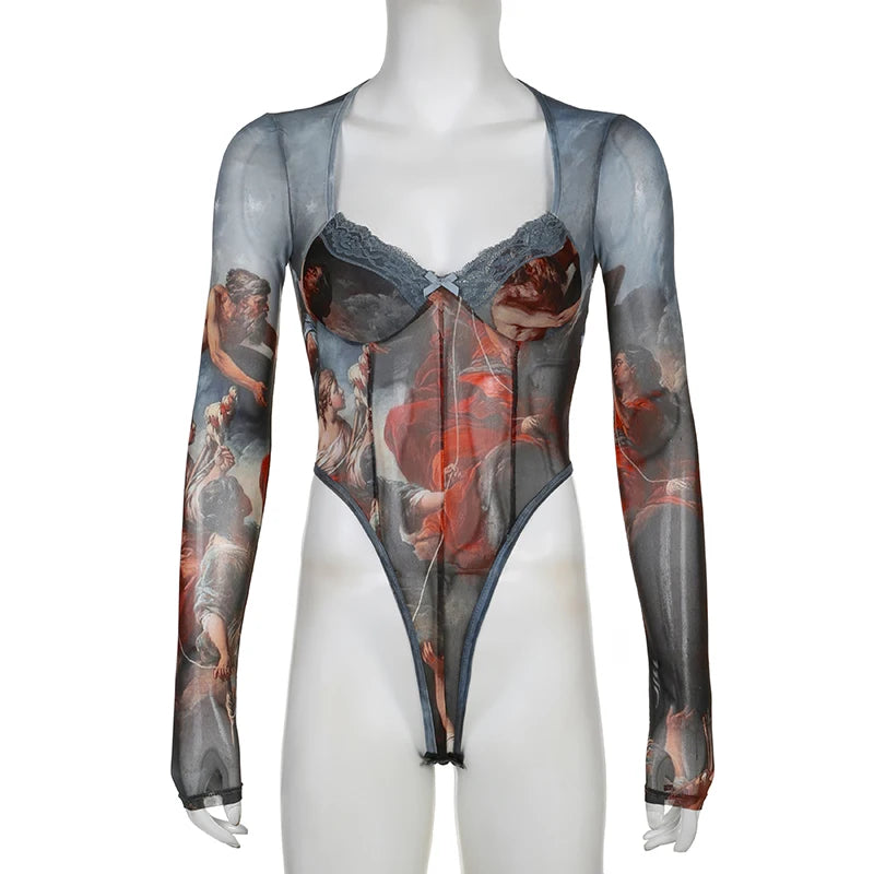 Rockmore  Vintage Printed Mesh Bodysuits Women Lace Bow Square Neck High Waist Wrapping Long Sleeve Bodysuit Halloween Christmas