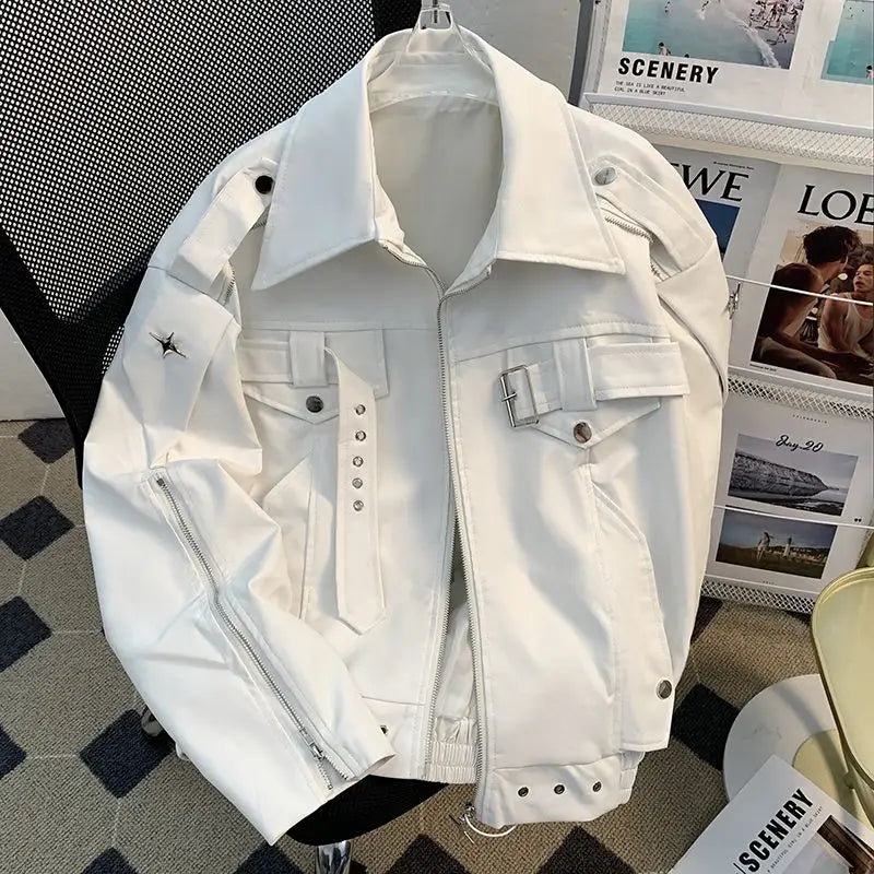 Niche deconstruction Heavy Industry leather jacket for men Spring and autumn design sense loose short motorcycle leather jacket