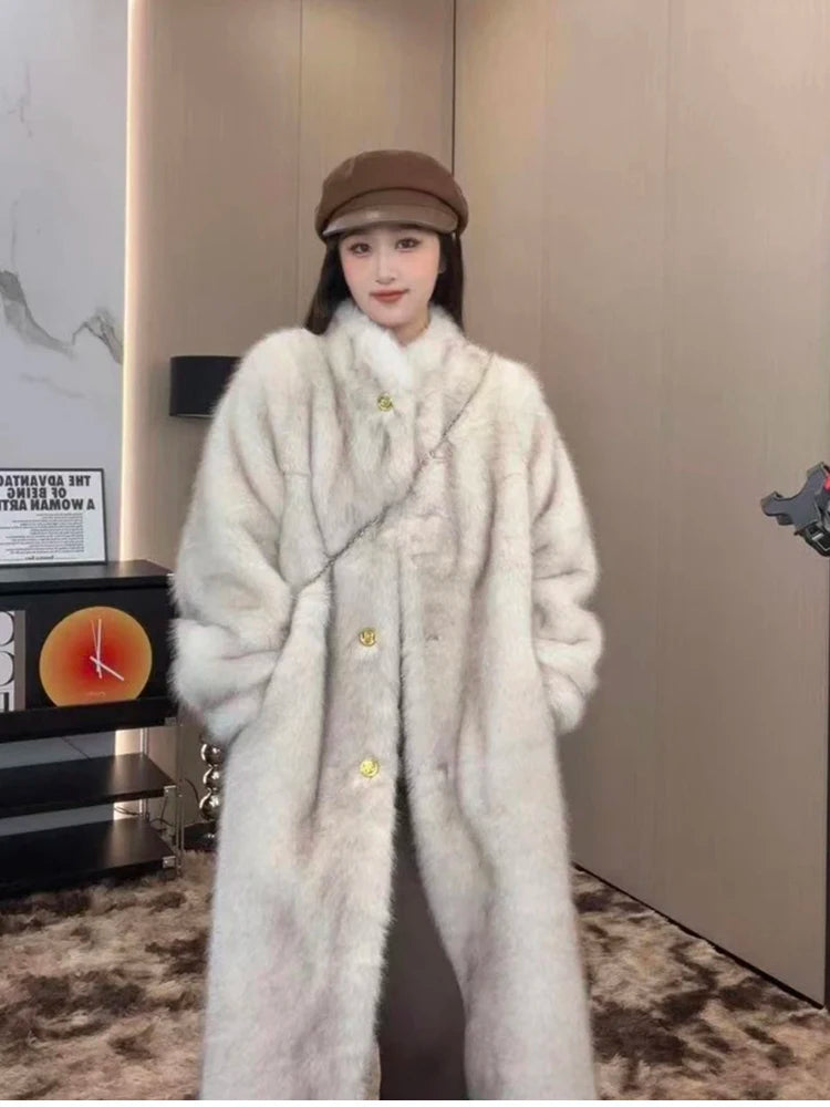 Lautaro Autumn Winter Long Thick Warm Hairy Soft Faux Fox Fur Coat Women Stand Collar Elegant Luxury Chic Fluffy Jacket 2024