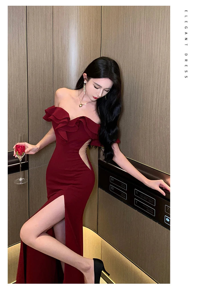 Women Sexy Bodycon Off Shoulder High Split Long Dresses Wedding Evening Party Prom Robe Ruffles Slash Neck Summer New Vestidos
