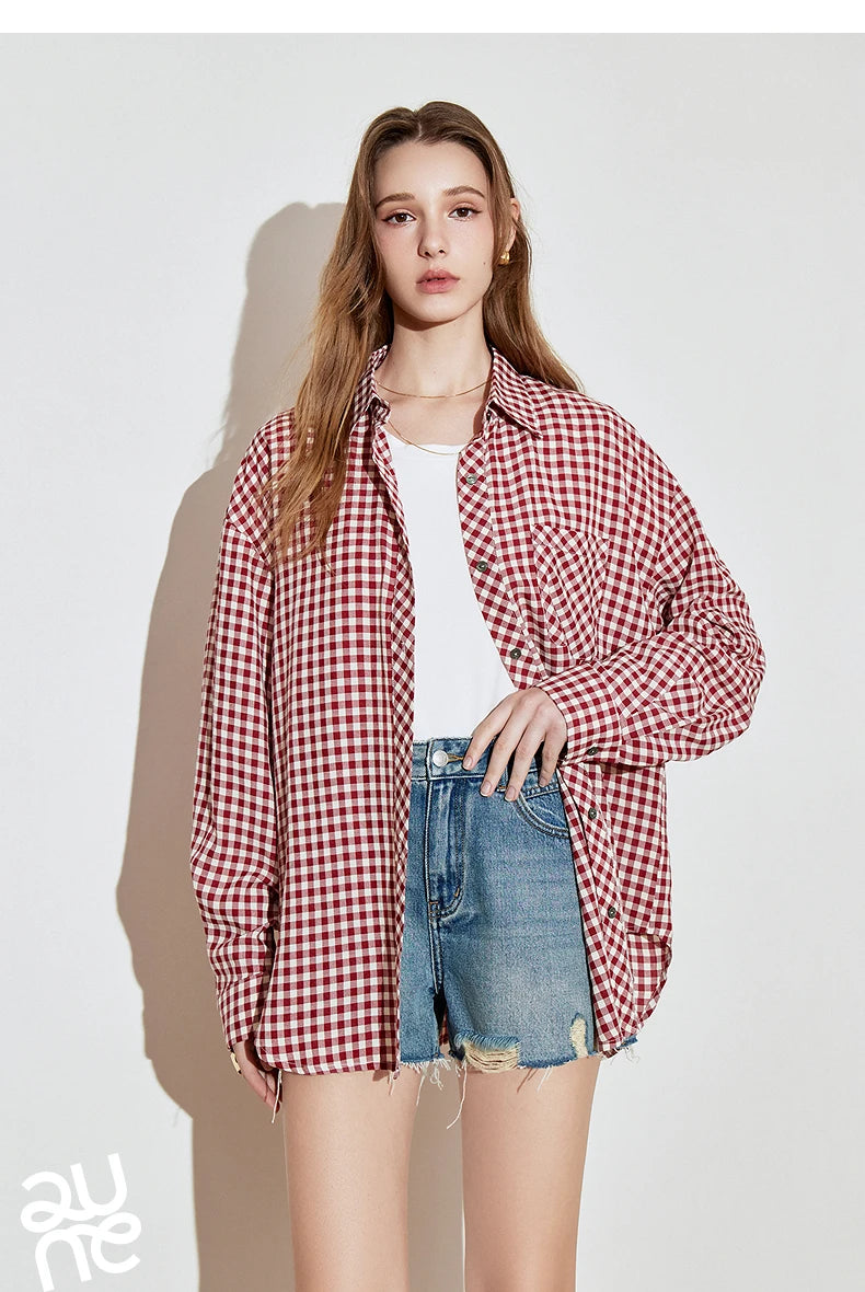 TOYOUTH Women Long Sleeve Blouse Shirt 2025 Spring New Cotton Plaid Retro Turn Down Collar Casual Shirt Tops
