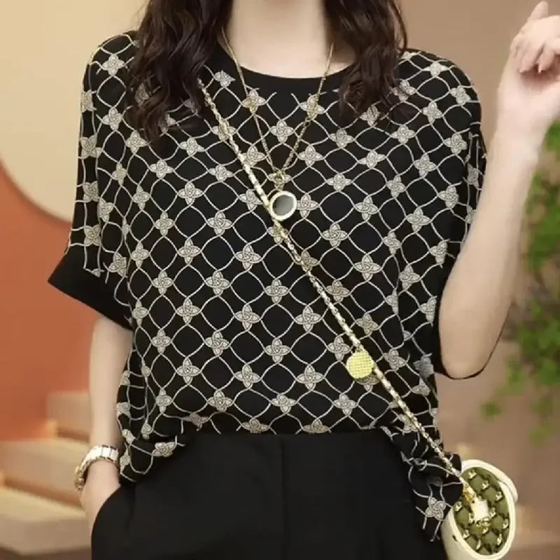 Vintage Fashion Summer Women's O-Neck Printing Screw Thread Patchwork Batwing Sleeve Temperament Versatile Loose T-Shirts Tops