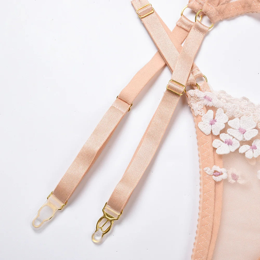 Floral Embroidered Sheer Lingerie Set Underwire Push Up Bra Thong Garter Belt See-Through Corset for Bridal Night Boudoir