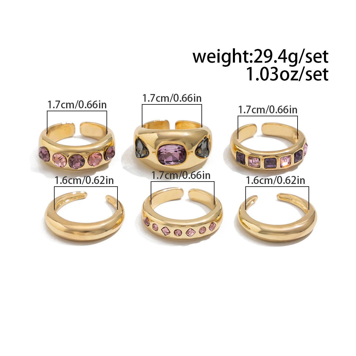 Salircon 6Pcs/set Inlaid Purple zircon Adjustable Opening Ring Set Women Smooth Gold Color Ring for Female Daily Jewelry Gift