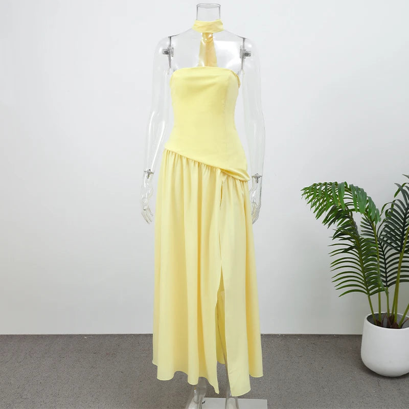 Butter Yellow Scarf Neck Split Long Dress Women Elegant Strapless Slim Fit High Waist Vestidos 2025 Lady Evening Party Gowns New