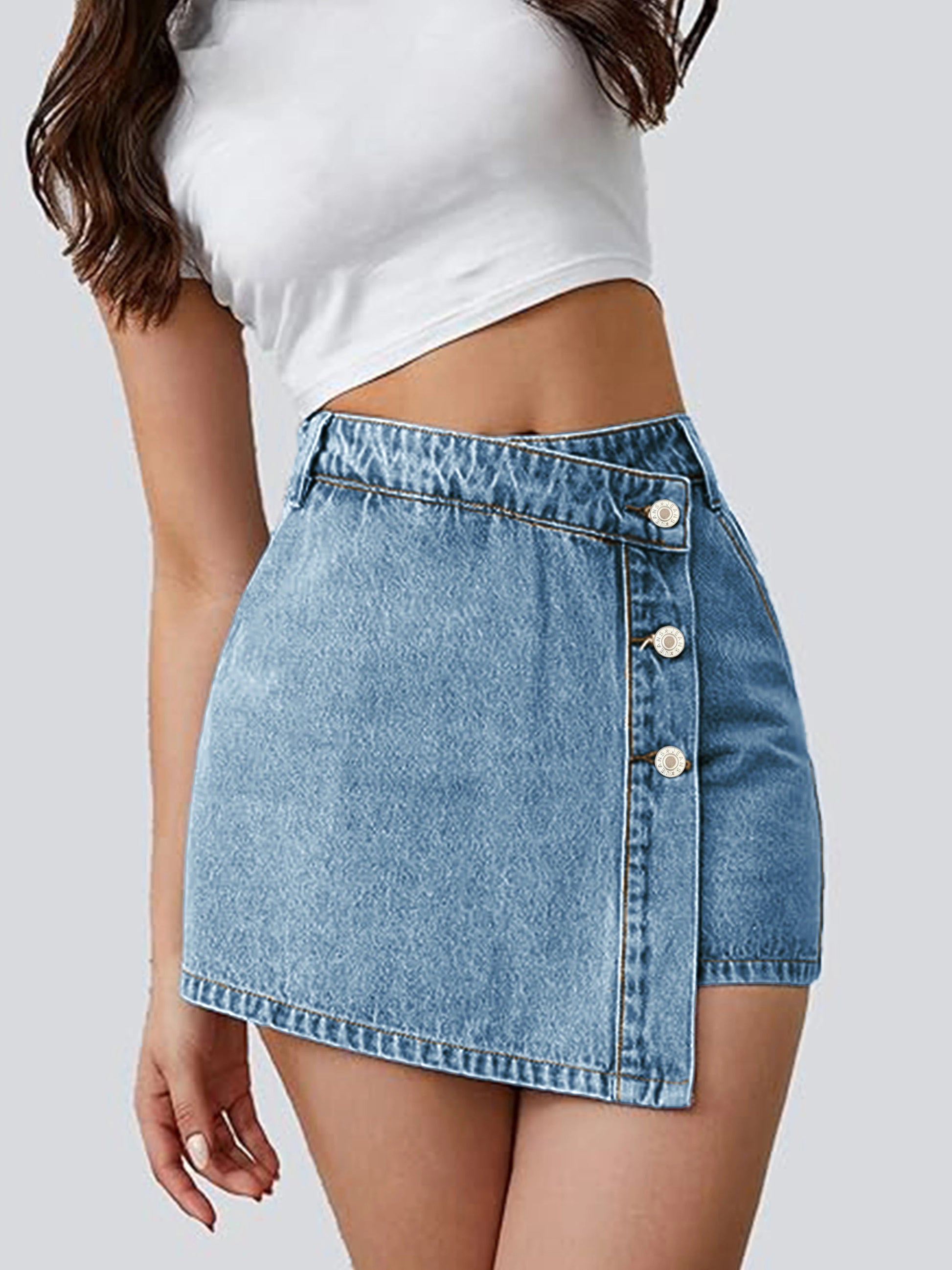 Women's Denim Shorts High waisted Asymmetric Button front Street Fashion Trendy Summer Look Edgy casual Y2K Style Jeans