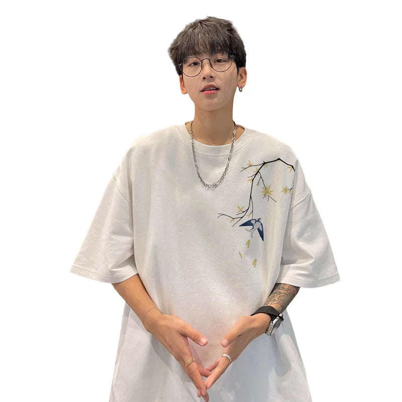 Men's Oversized T-shirts Mens Cotton T Shirt White Casual 5XL Summer Wear Fashion Bird Print Tee Shirts for Men Clothing