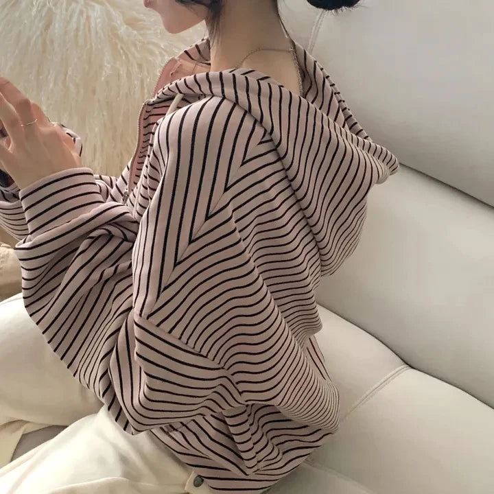 Spring 2025 Women's Chic Loose Casual Lazy Sle Striped Hooded Jaet with ket Open Cardigan Sweatirt Comfortable Fit