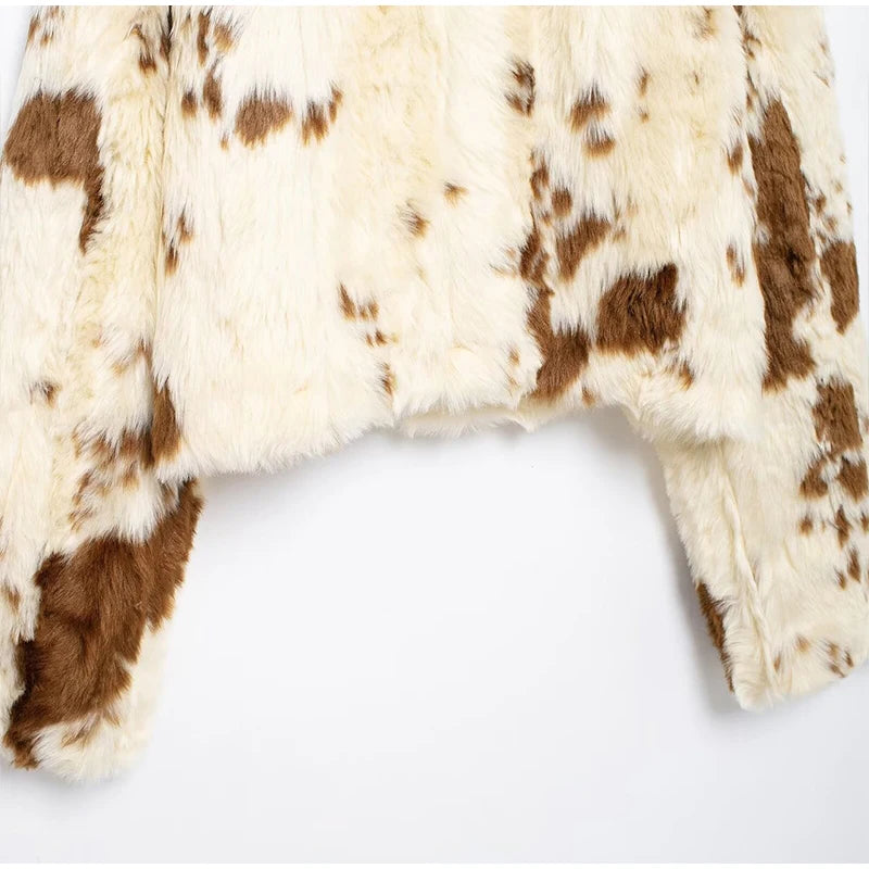 Faux Fur Contrast Women Coat 2025 Lapel Zipper Long Sleeve Female Coats Vintage Autumn Winter Pocket Thicken Warm Lady Outwear