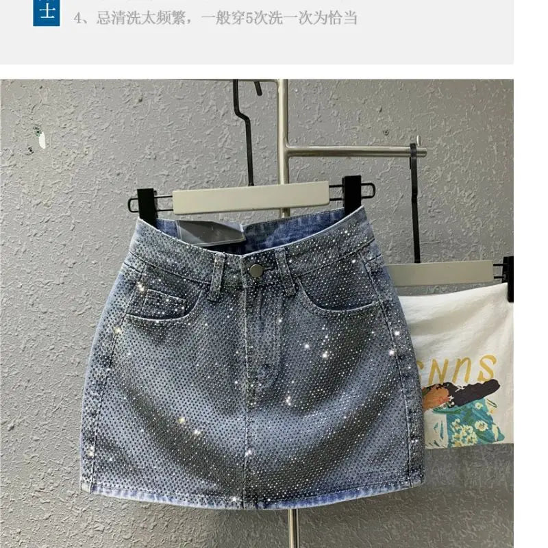 Heavy Industry Hot Drilling High-End Denim Skirt 2024 Spring And Summer New High Waist Pink Sexy A-Word Skirt