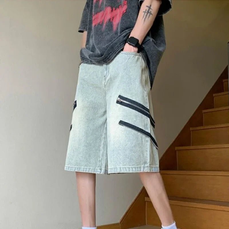 With Pockets Loose Bermuda Half Baggy Man Denim Shorts Long Wide Short Jeans Pants for Men Trend 2025 Harajuku Designer Blue Emo