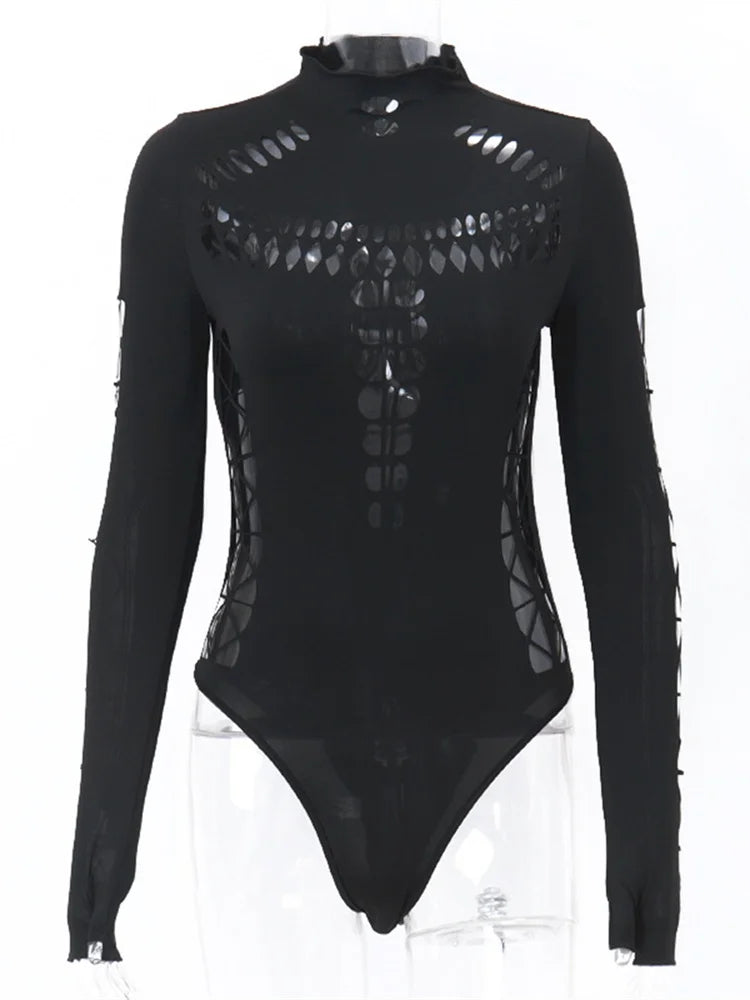 nibber Hollow Out Women Bodysuit Criss-Cross Full Sleeve Autumn Trend Skinny Sexy Solid Rave Party Club Streetwear Y2K Outfit
