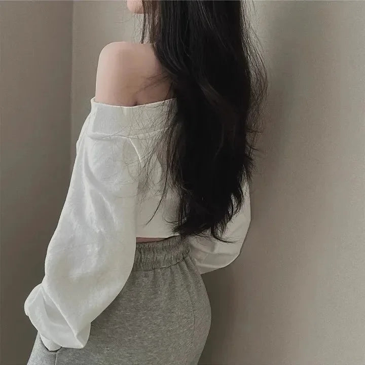 Women's Autumn Off-the-shoulder Sweatshirt Cropped Top Embroidery Loose-fit Windy Sweet Girl Hoodies Thin Material