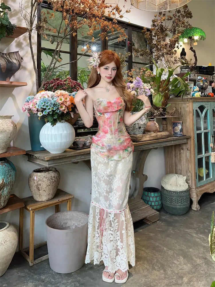 Summer Women Two Piece Set Floral Corset Top and Lace Midi Skirt Elegant Mesh Outfit Slim Fit Vintage French Style Beach Suit