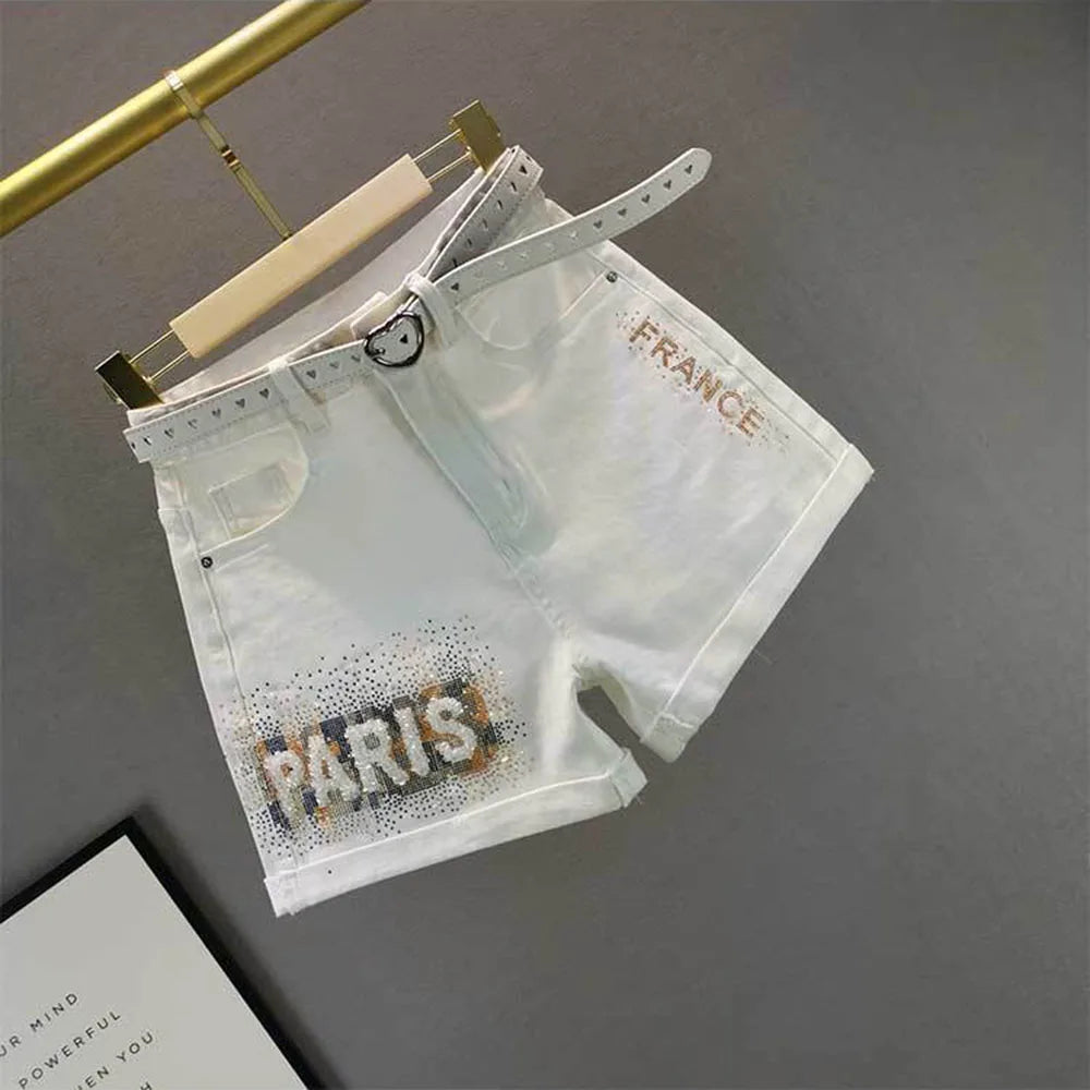 White Denim Shorts Women's 2023 Summer New European Station Loose High Waist Hot Pants Fashion Letter Diamond Jean Pants Ladies