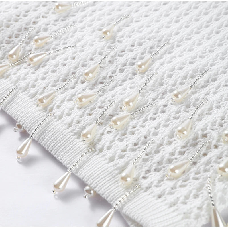 Sexy Backless Pearl Tassel Mini Dress Women Chic Street Knitted Hollow Out Lace Up Slim Short Dresses Lady Spring Beach Party