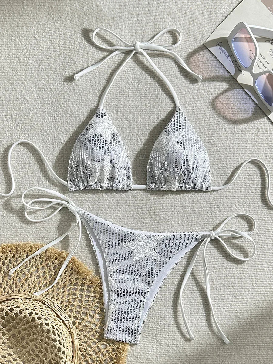 Halter Shiny Star Sequins Bikini 2025 Women Swimsuit Female Swimwear Two Pieces Bikini Set Brazilian Bathing Suit Swim Beachwear