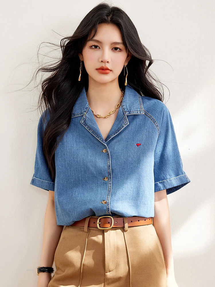 Casual Denim Shirts For Women 2024 Fashion Vintage Short Sleeve Loose Shirt Korean Style Single-Breasted Commuting Tops