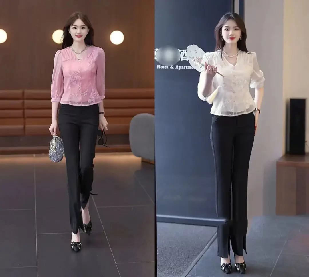 Spring and Summer 7-quarter Sleeve Embroidered V-neck New Shirt 2025 Slim and Slim and Fashionable Versatile Top