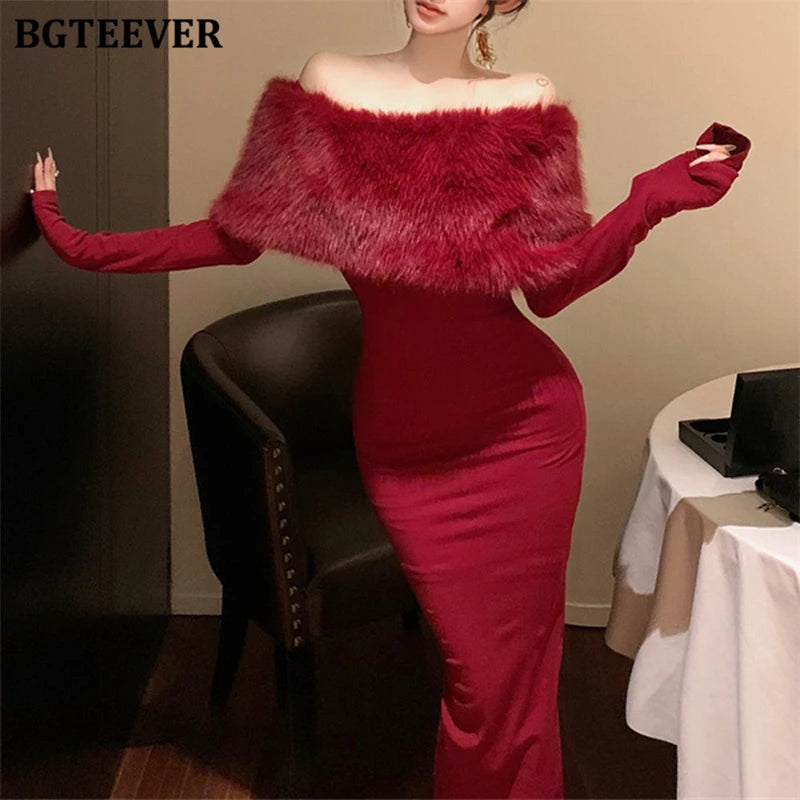 BGTEEVER Autumn Winter Fashion Slash Neck Ladies Skinny Package Hip Sweater Dress Elegant Long Sleeve Female Slim Knitted Dress