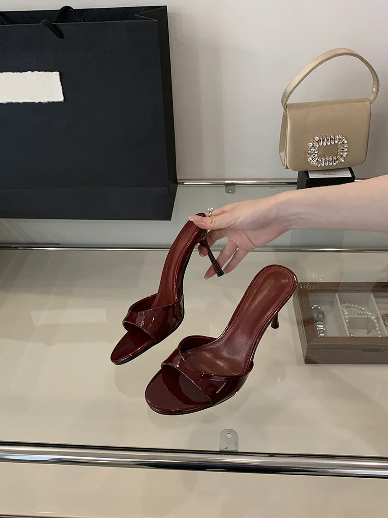 Liyke Wine Red Patent Leather Women Slippers Sandals Fashion Round Open Toe Thin High Heels Mules Slides Summer Party Dress Shoe