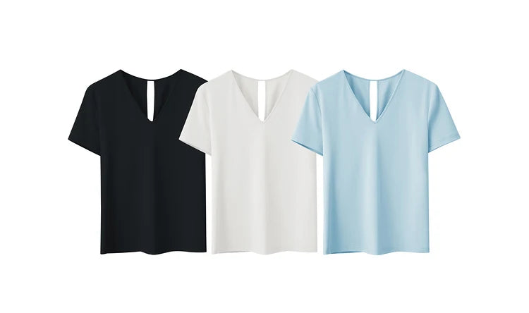 AMII Minimalism 100% Cotton Hollow Out Solid Short Sleeves Tees 2025 Spring New V Neck Top Women Casual Female T Shirt 12342289