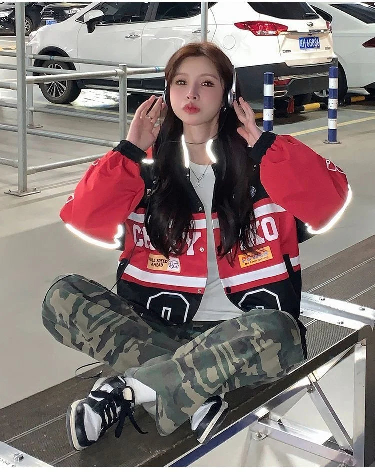 2023 Y2k Red White Bomber F1 Jacket Women Men Biker Racer Jacket Retro Hip Hop Grunge Clothes Trend Oversize Windbreaker Varsity