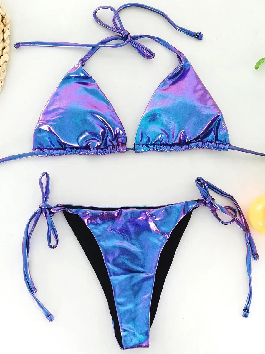 Sexy Shiny Pu Faux Leather Bikini 2025 Women Swimwear Female Swimsuit Two-pieces Bikini set String Bather Bathing Suit Swim Lady