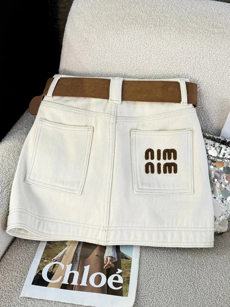 High Waist Embroidered Letter Denim  Skirt Slimming Women's Faion Commute Sle Cotton Blend ort Skirts