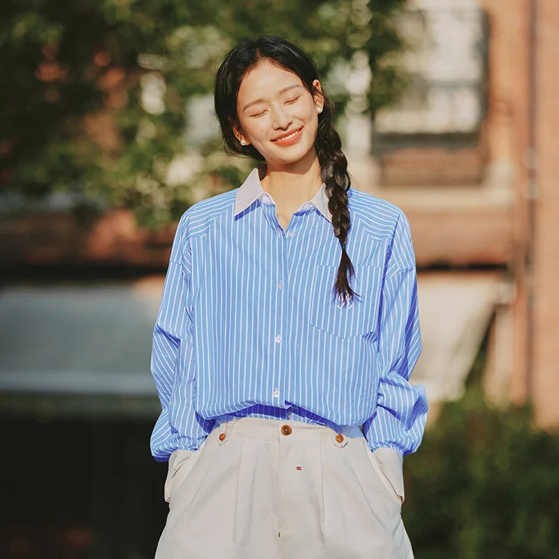 Semir Long Sleeve Shirt Women Mid-long Style Striped Pure Cotton 2025 New Spring Embroidery Oversize Blouse for Commuting