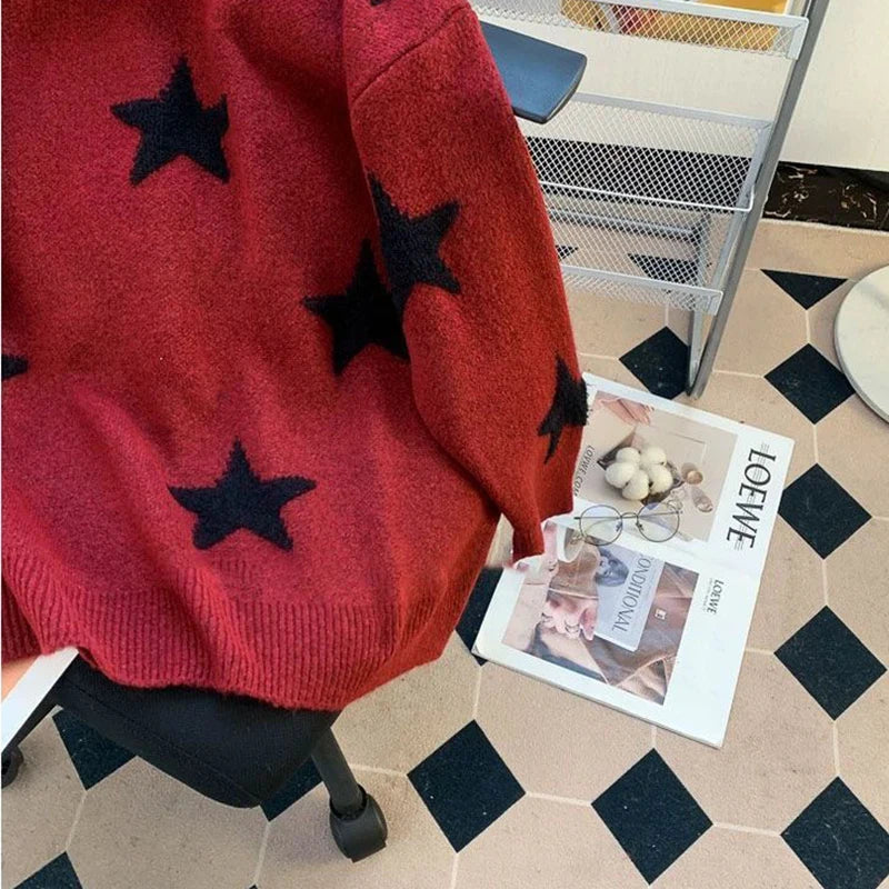 Zoki Star Print Y2K Sweaters Women American Red Patchwork Knitted Jumpers Tops Loose Female Design Turn Down Collar Pullovers