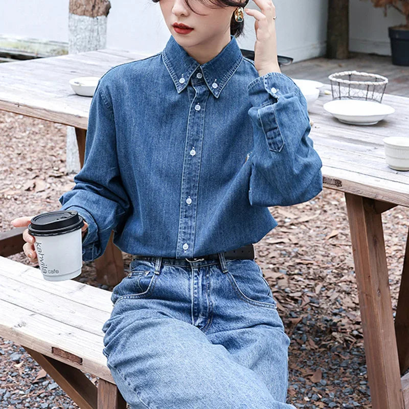 2024 American Style Vintage Denim Shirt Women's Zhengxiu Crystal Same Style Small Horse Embroidery Casual Jacket Shirt