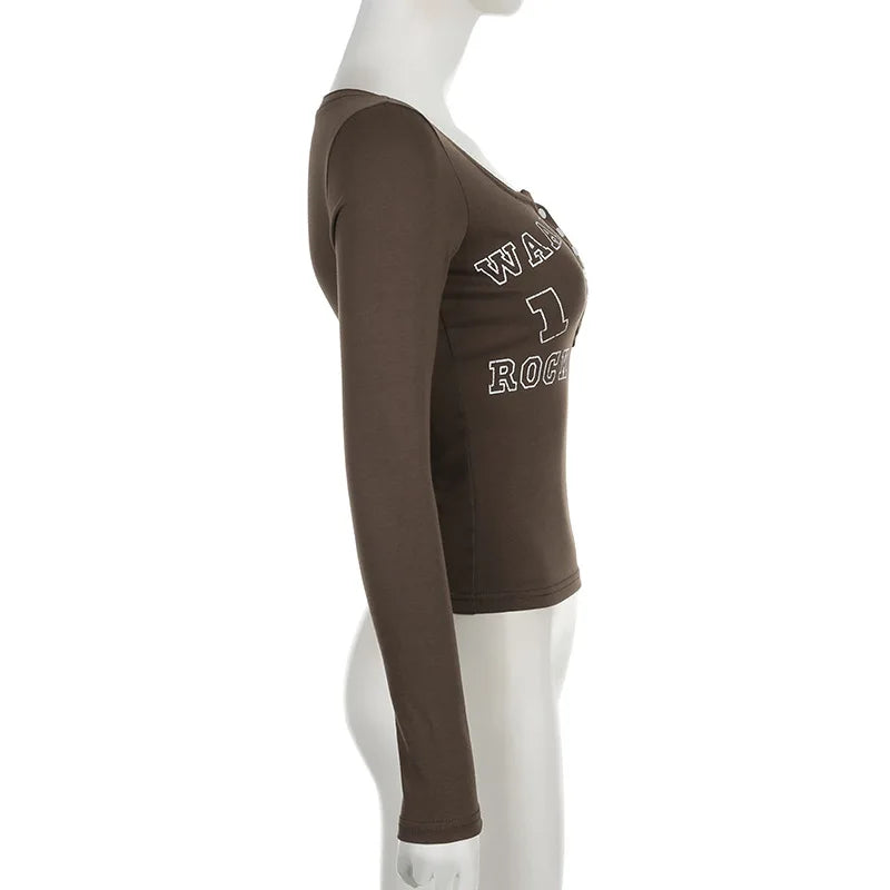 Black T-shirt Women Autumn Letter Print Streetwear Long Sleeves O-Neck Bodycon Sexy Top Button Fashion Casual Slim Tees Female