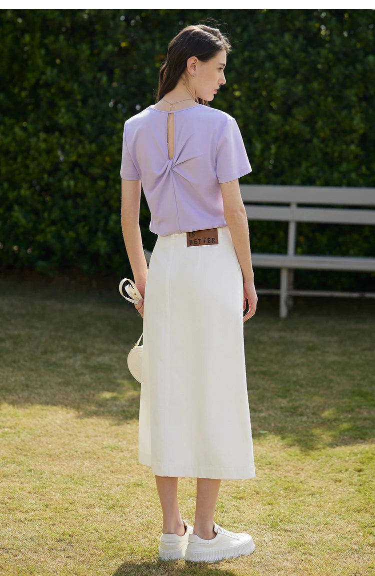 AMII Minimalism 100% Cotton Hollow Out Solid Short Sleeves Tees 2025 Spring New V Neck Top Women Casual Female T Shirt 12342289