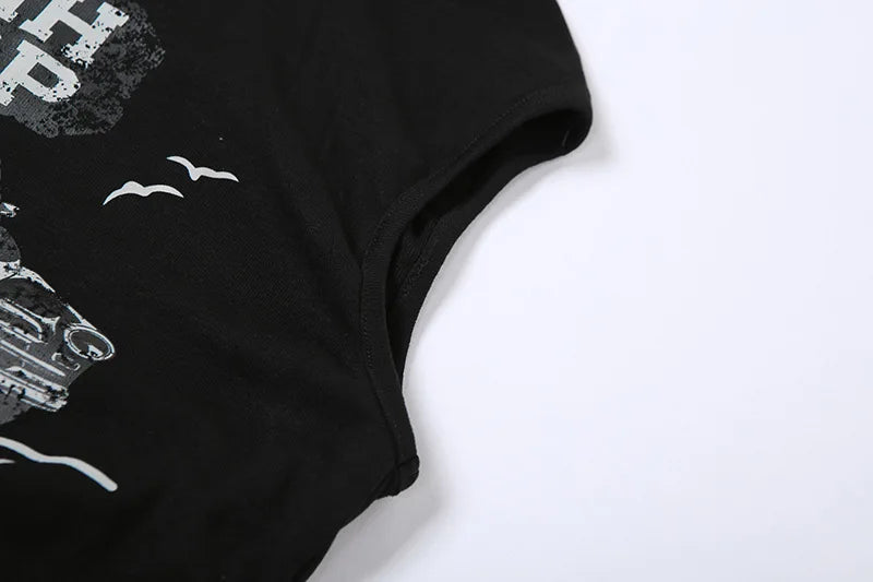 Summer American Retro Sexy Punk Y2K Grunge Cartoon Letter Printing Bodysuit Women Streetwear Slim Vest Bodycon Tops Jumpsuits