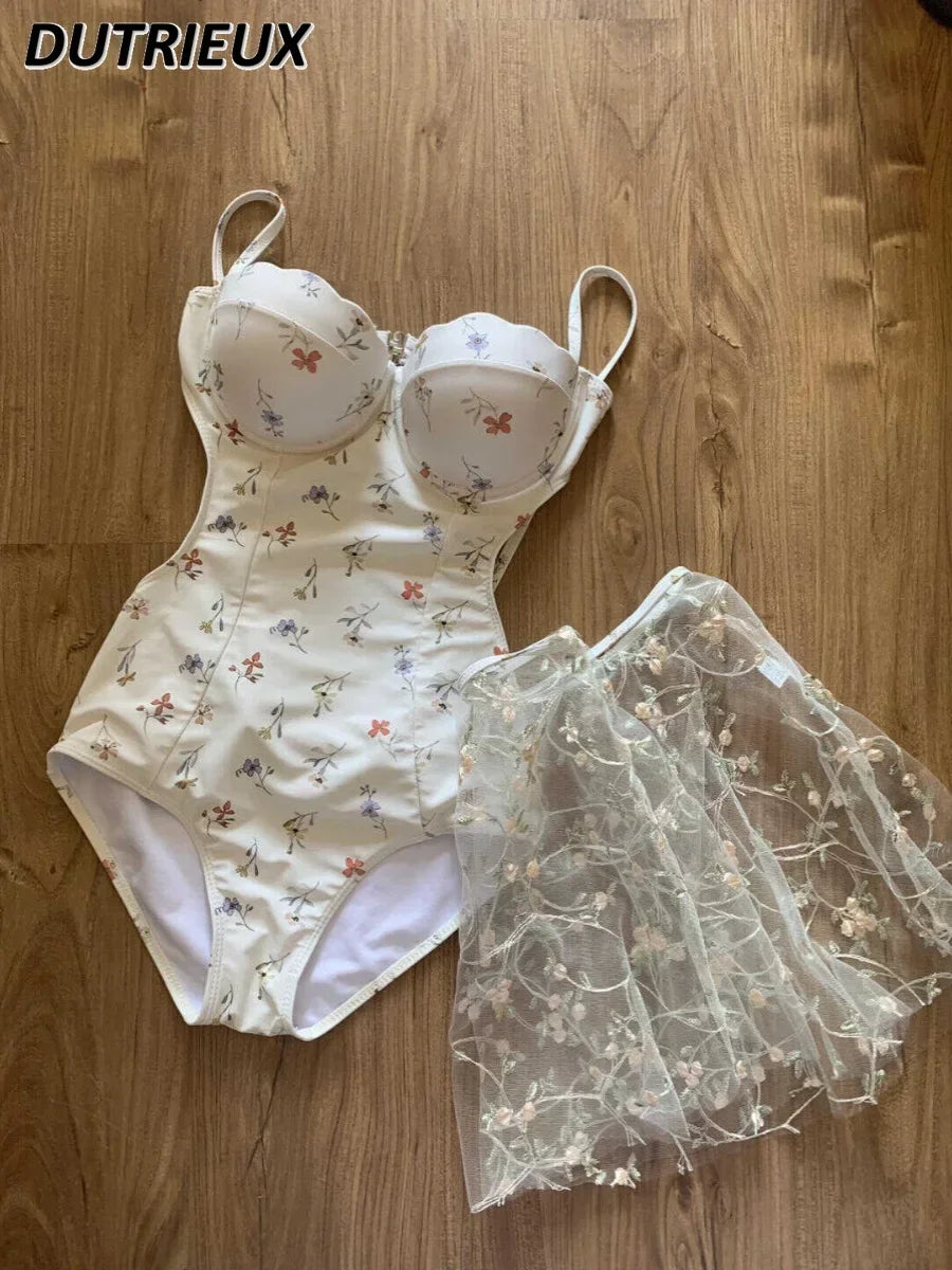 Summer Seaside Holiday Print Swimwear Shoulder Straps Backless Sexy Hot Spring Ins Style Slimming French One Piece Swimsuit
