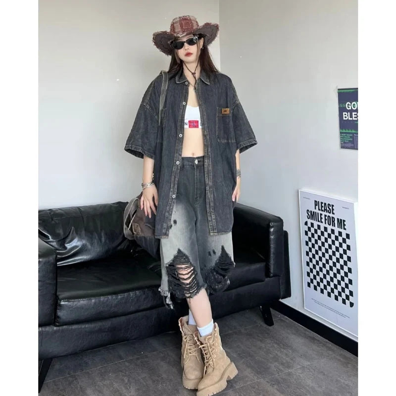 Zoki Harajuku Hole Y2K Denim Shorts Women Streetwear Vintage Gradient Jeans Shorts American Retro Bf Hip Hop Design Shorts New