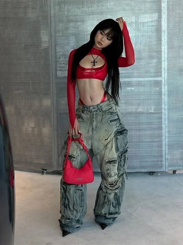 See Through Y2k Clothes Hollow Out Mesh Crop Top Skinny Camisole Mini Ropa De Mujer Rave Outfits 2 Pcs Set T Shirts For Women