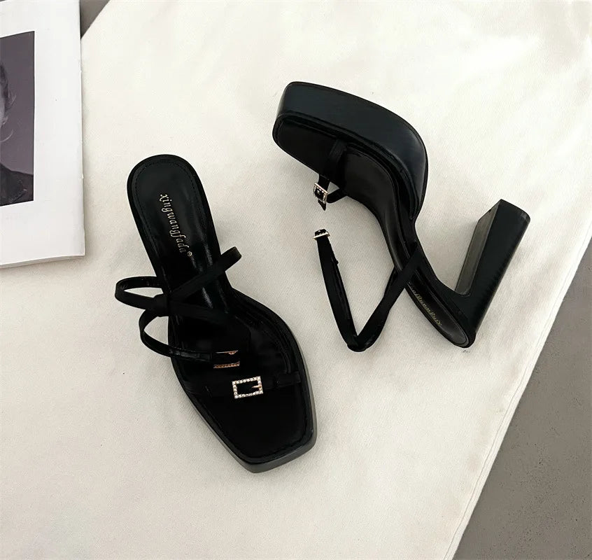 New High-heeled Women's Shoes with Square Toe and Straight Buckle Thick Heel Platform Sandals Shoes for Women