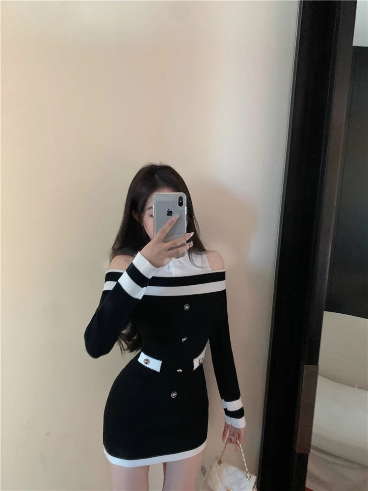 Hot Girl Off Shoulder Long-sleeved Knitted Dress Women's Autumn Fake Two-piece Shirts Spliced Sexy Wrapped Hip Short Dress