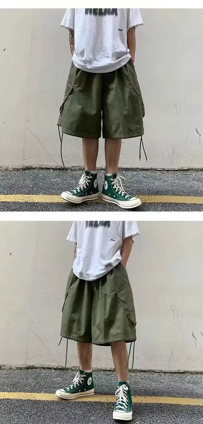 Loose Casual Men's Workwear Shorts Summer Wide Leg Drawstring Five-Quarter Pants Retro Japanese Style Outerwear Shorts