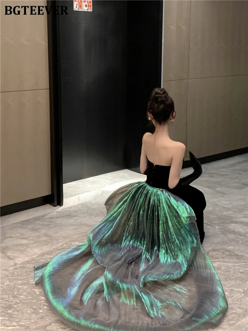 BGTEEVER Fashion Spring Ladies Sleeveless Party Velvet Dress Elegant Slim Waist Women Floor-Length Package Hip Strapless Dress