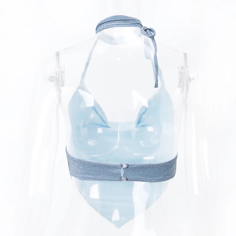 Xeemilo Y2K Shinny Backless Tank Top Sexy Deep V-neck Bandage Halter Crop Tops Aesthetic Irregular Shape Skinny Slim Women Camis