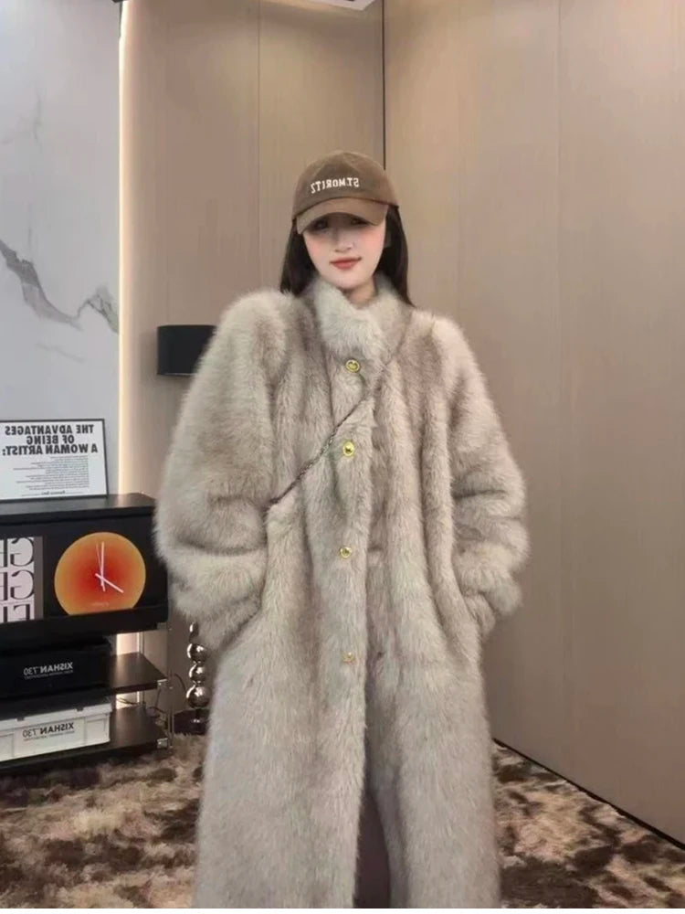 Lautaro Autumn Winter Long Thick Warm Hairy Soft Faux Fox Fur Coat Women Stand Collar Elegant Luxury Chic Fluffy Jacket 2024