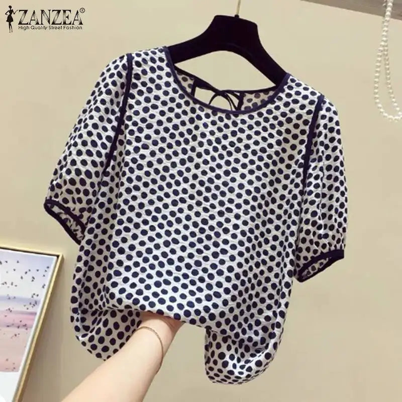 ZANZEA Casual Loose Women Blusas Mujer 2024 Summer Stylish Tied Back O Neck Puff Sleeve Tunic Tops Polka Dot Elegant Blouses