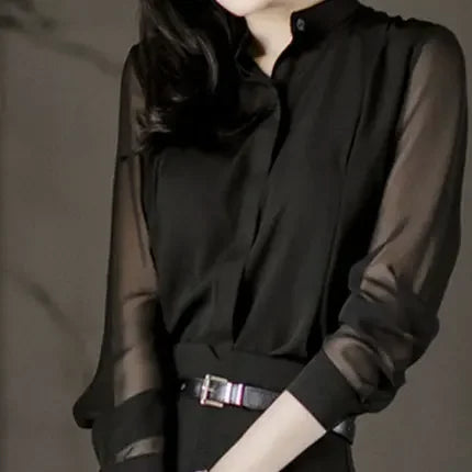 Women's Long Sleeve Sexy Chiffon Blouse 2024 Spring Summer New Korean Style Slimming Black Stand Collar Shirt