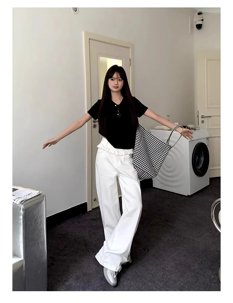 Casual Patchwork Pleated Wide Leg Pants Loose Solid High-Waisted Straight Pants Women Fashion Streetwear Lady Jeans