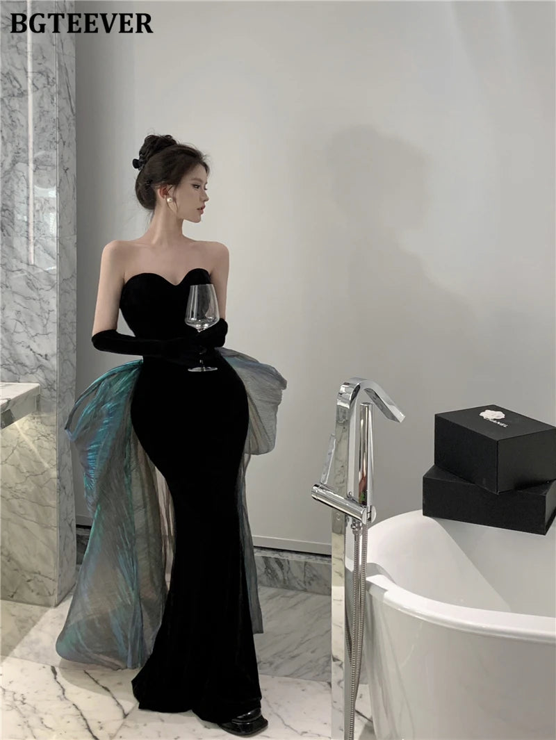 BGTEEVER Fashion Spring Ladies Sleeveless Party Velvet Dress Elegant Slim Waist Women Floor-Length Package Hip Strapless Dress