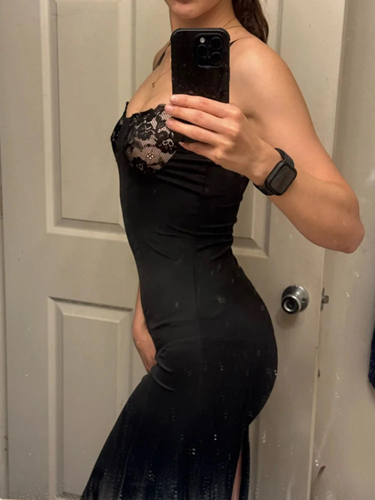 Weird Puss Sexy Camis Dress Women Skinny Patchwork Chest Summer Elegant Skinny Elastic Stretch Maxi Bodycon Clubwear Vestidos